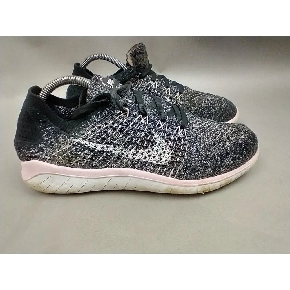 Nike Womens 9.5 Free RN Flyknit 942839-007‎ Black Pink Running Shoes Sneakers